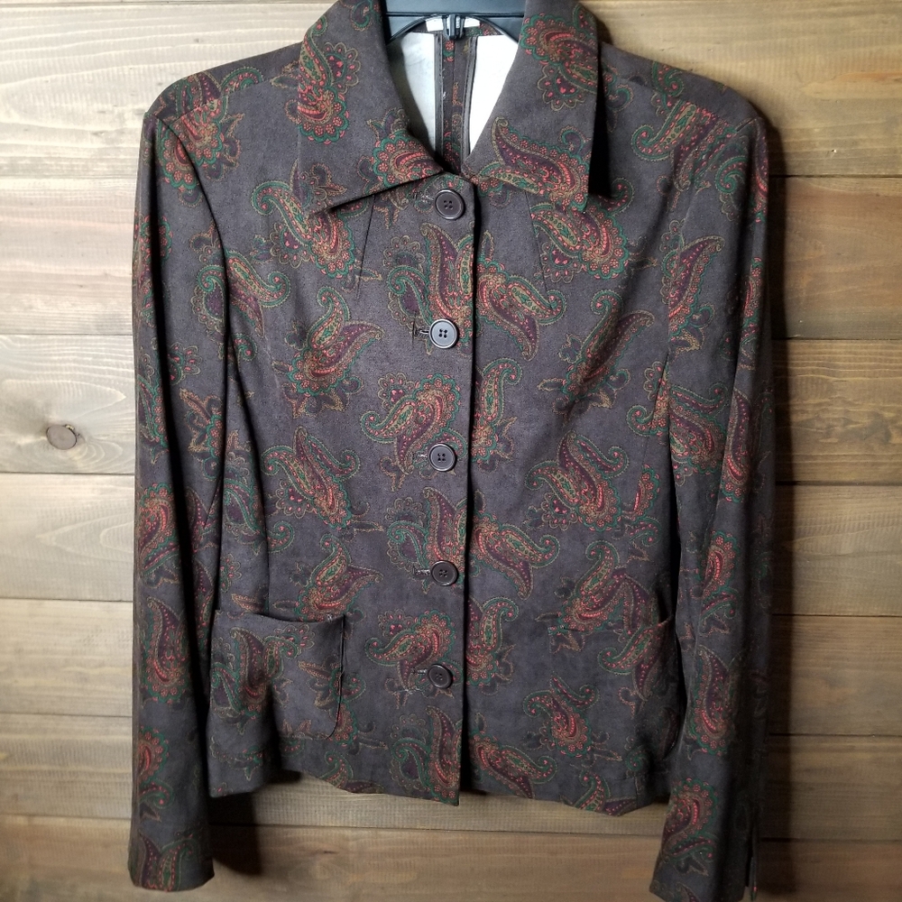 Harve' Benard Petite Faux Suede Button Up Blouse Brown Paisley Print 12 P Med